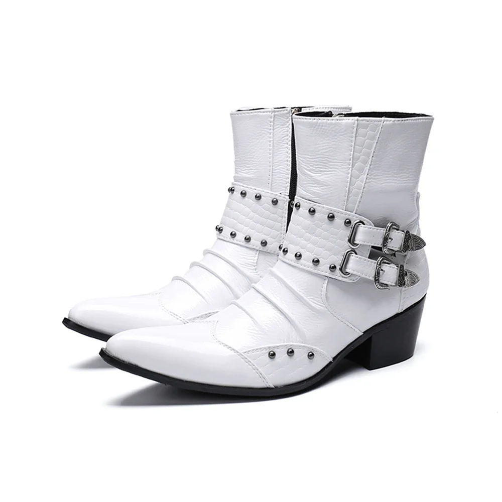 White Buckle Rhinestone Genuine Leather Thick High Heels Pointed Toe Boots Male Plus Size Party Wedding For Men Dress Shoes