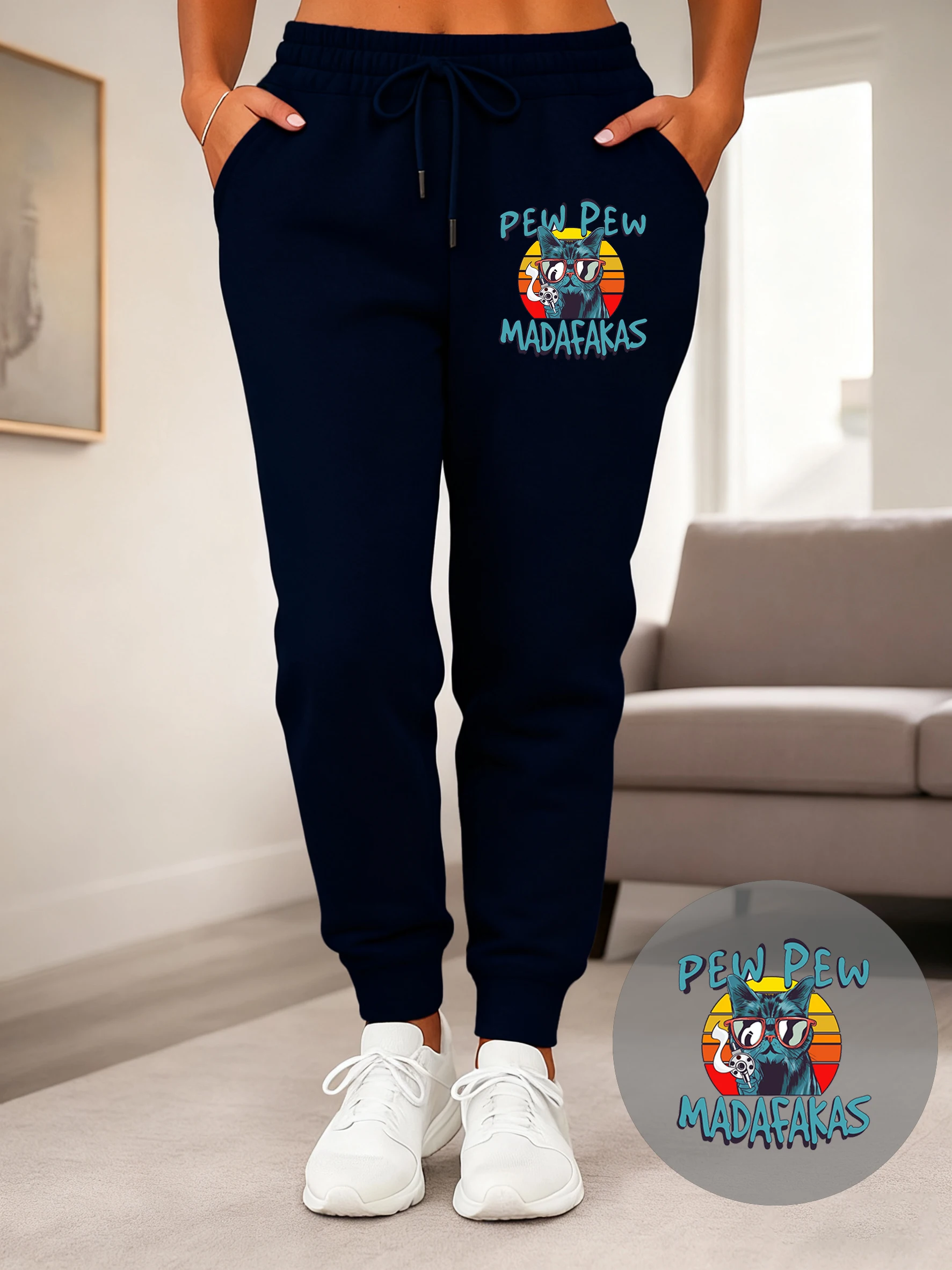 Funny Pew Pew Madafaka Cat Printing Sweatpants Casual Sport Jogging Pants Versatile Pocket Long Pant Fleece Autumn Woman Clothes