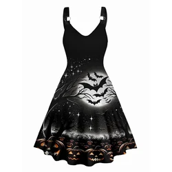 Dressfo 2024 Women's Halloween Dresses Sundress Pumpkin Spider Bat Print V Neck Dress O Ring Straps Sleeveless A Line Tank Dress