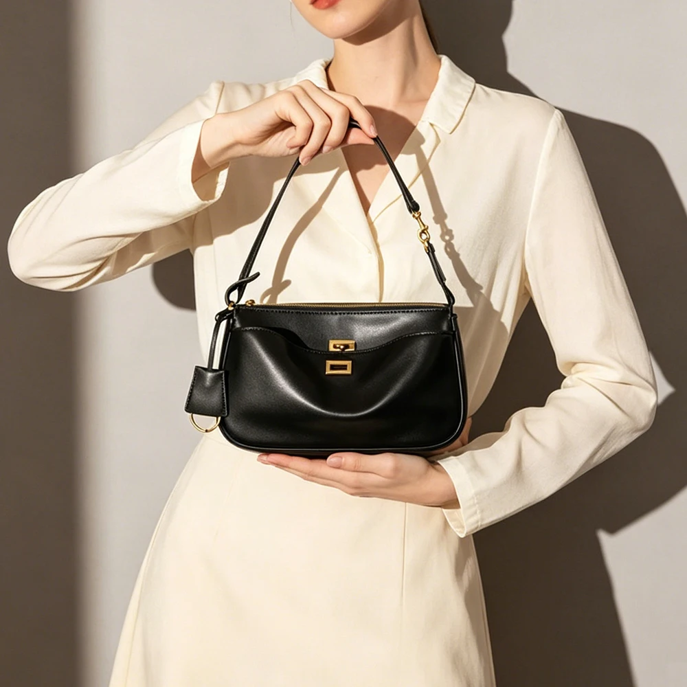 

2026 Top quality Women Bags Split Leather Black cowhide Women Totes Gold Buckle Women Shoulder Bags Fashion Women Handbags