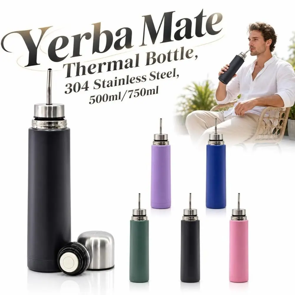 304 Stainless Steel Yerba Mate Thermal Bottle 500ml/750ml Leakproof Vacuum Water Bottle Built-In Straw Reusable