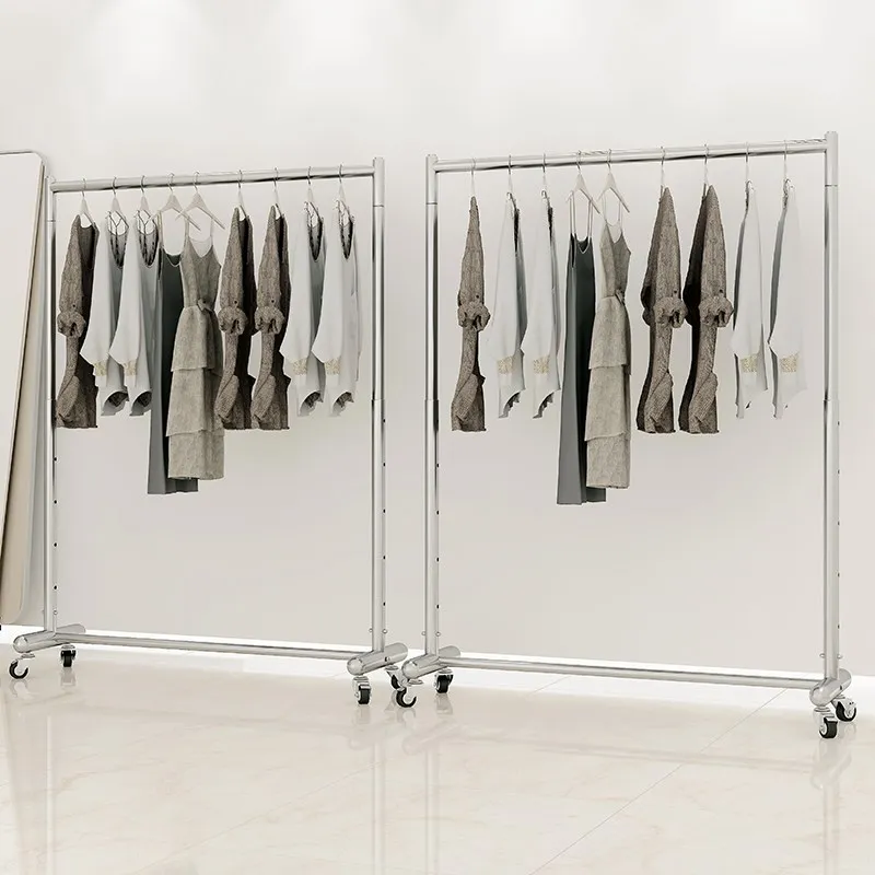 

Stainless Steel Hanger Garment Store Clothes Display Rack Liftable Adjustable Floor Standing Garment Gantry Moving Pulley