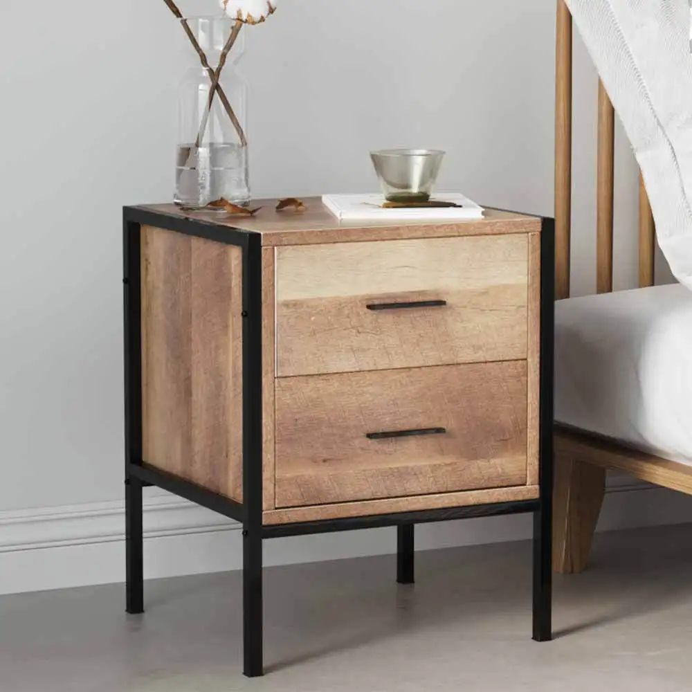 55CM Brown Metal Frame Wood Industrial Bedside Table with 2 Drawers