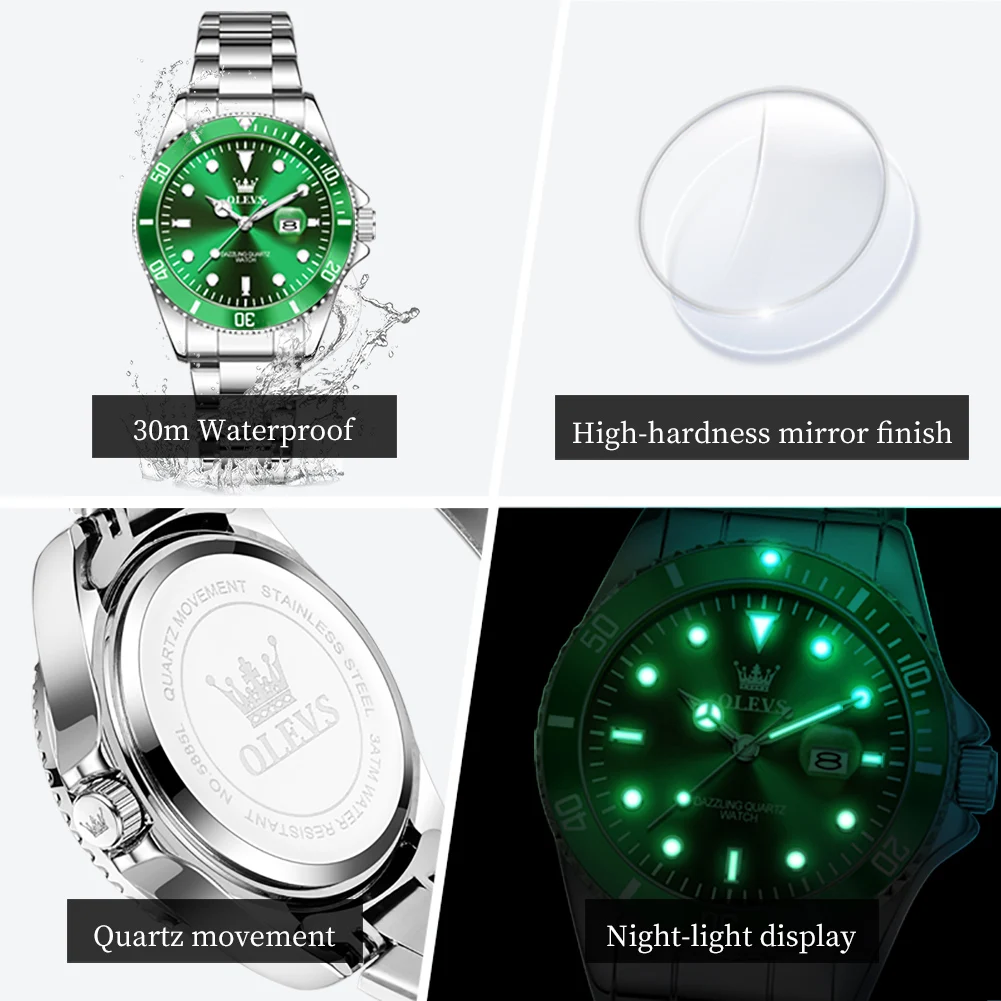 OLEVS 5885 Jam Tangan Wanita Asli Jam Tangan Kuarsa Mewah Terbaik Jam Tangan Tanggal Bercahaya Tahan Air Dial Hijau Klasik Jam Tangan Wanita Asli