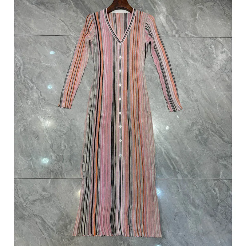 10.10 Women Sweet Elegant Rainbow Striped Bright Silk Embellished V-Neck Single Breasted Pleated Knit Cardigan Dress