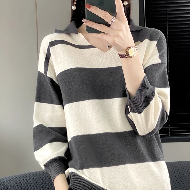 Spring Summer New Woman 100% Cotton Sweater V-neck 3/4 Sleeve Color Stripe Pullover Loose Casual Knit Bottoming Sweater Tops