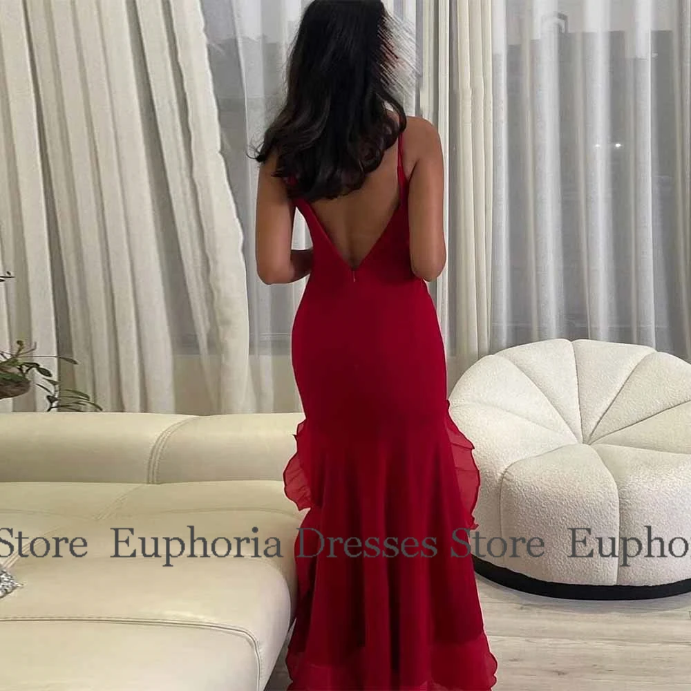 Burgundy Valentine's Day Dresses Jersey Sheath/Column Birthday Dress O-Neck Ruffles Backless Prom Dress Hi-Lo 2025