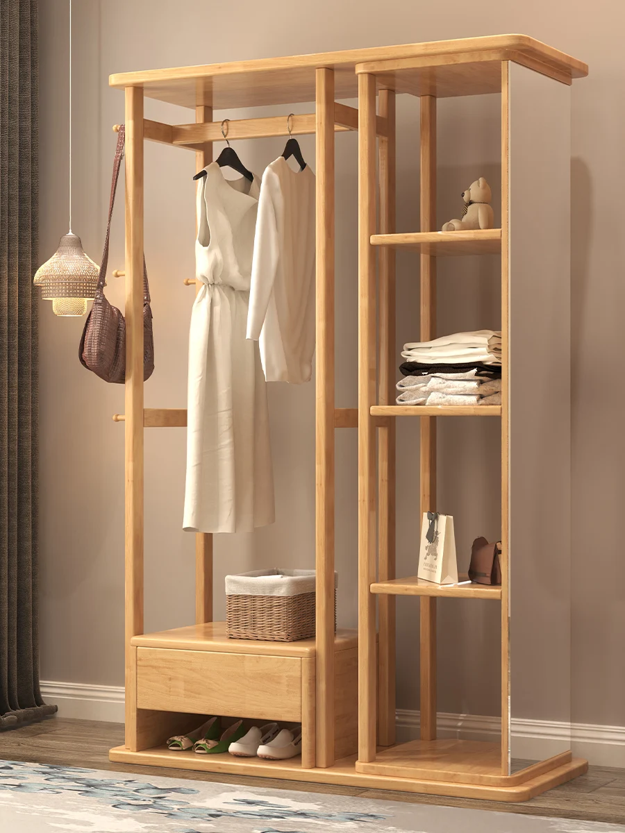 

Solid Wood Hanger Floor Bedroom and Household Coat Rack Full-Length Mirror Simple Multifunctional Dressing Mirror Shelf