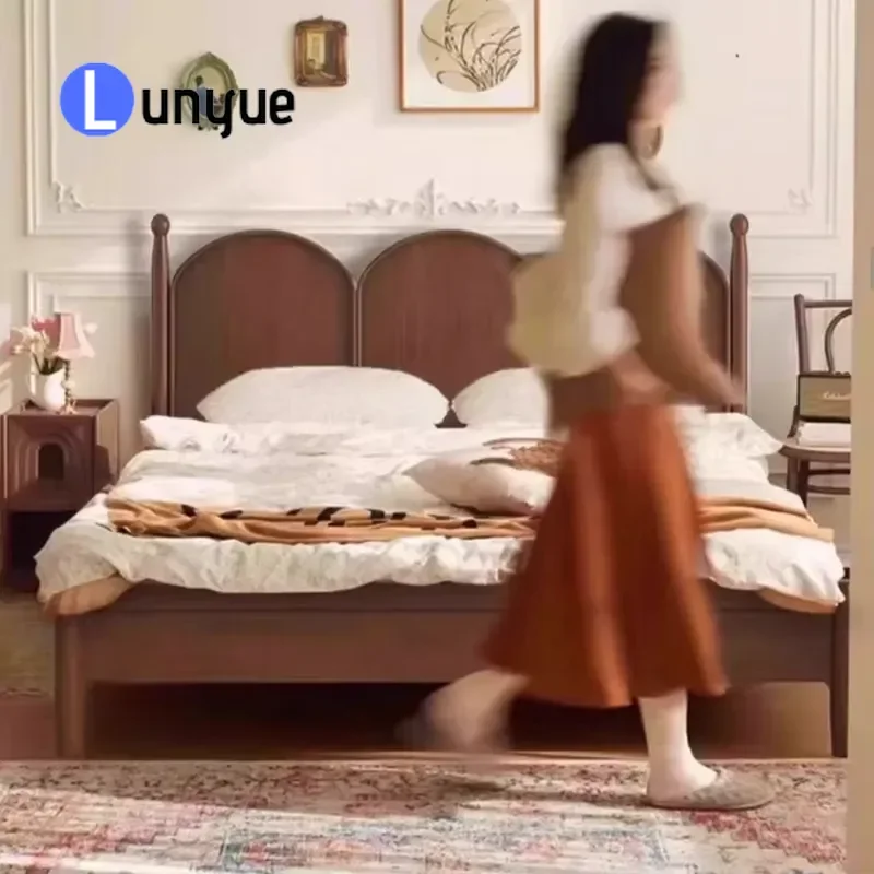 Modern Retro Solid Wood Bed Cream White Veneer Upholstered Large Simple Storage Bedroom Furniture Rubber Wood Cedar Frame