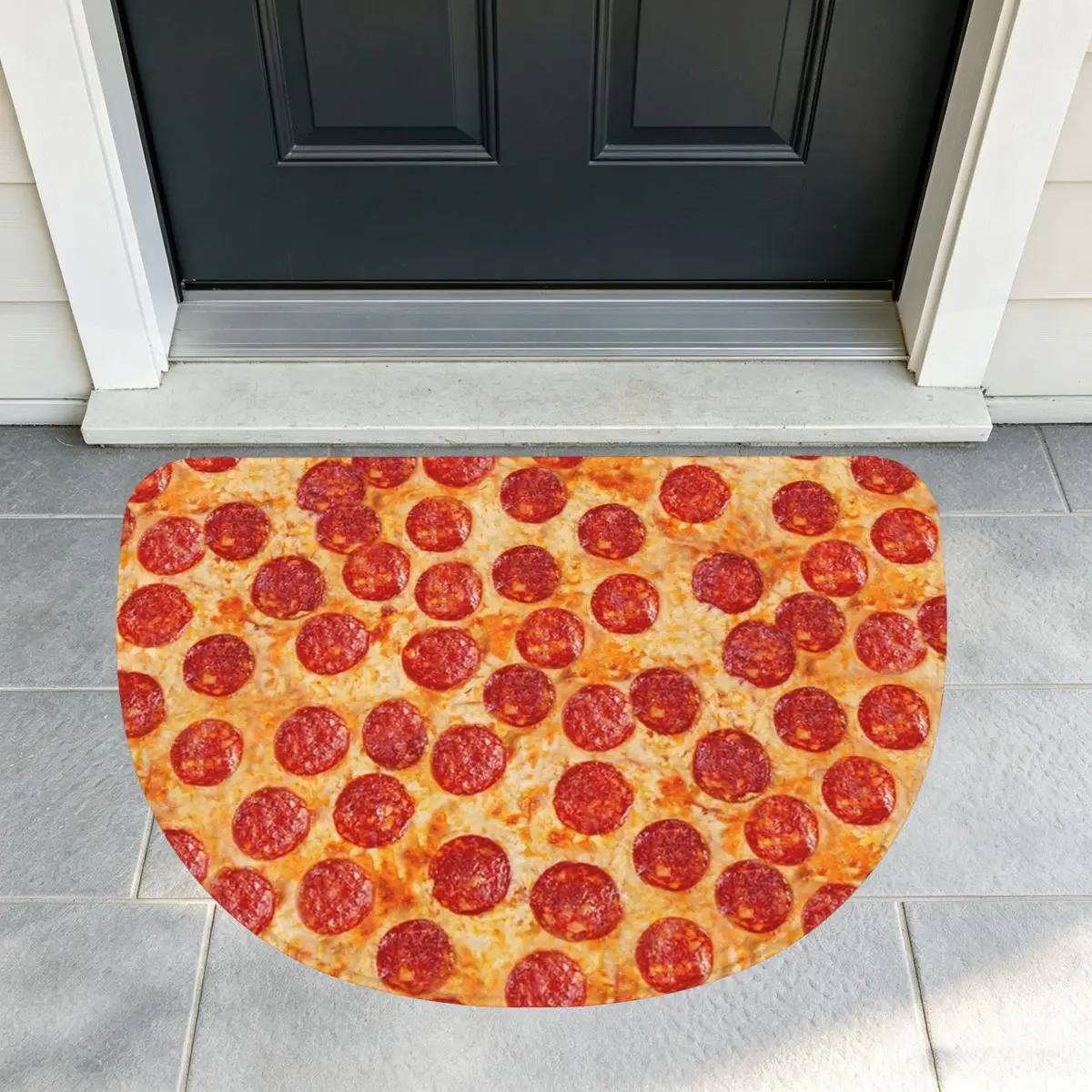 Realistic Pepperoni Pizza Pattern Soft Flannel Half Round Doormat Non Slip Bathroom Mat Absorbent Floor Carpet for Laundry Room