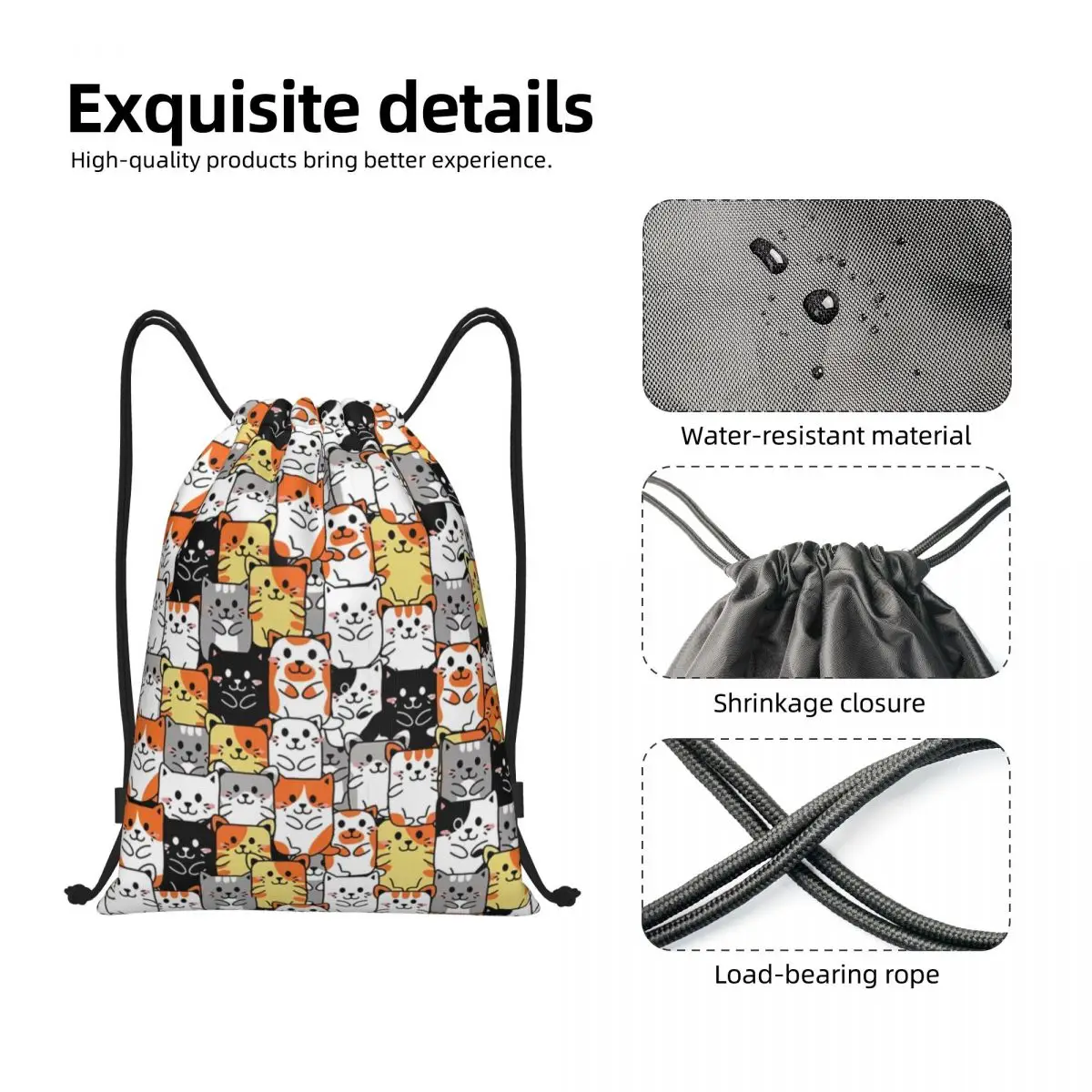 Custom Cute Kitten Cat Pattern Drawstring Backpack Sports Gym Bag for Men Women Cartoon Animals Training Sackpack