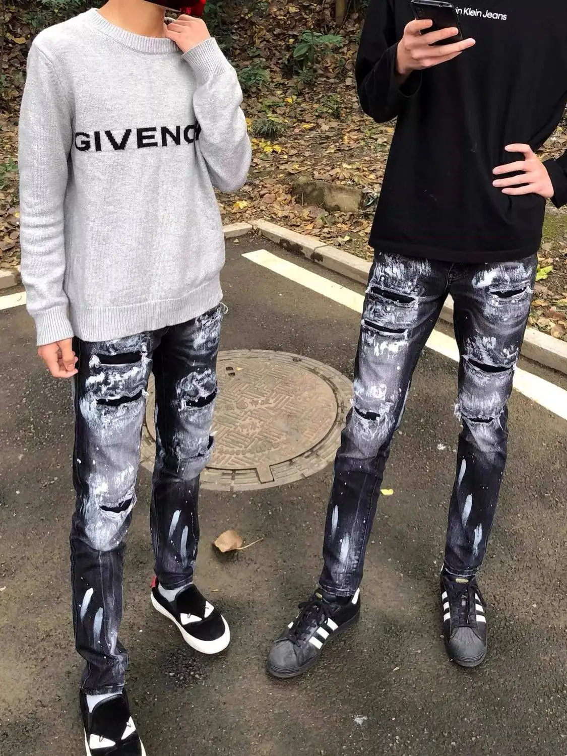 

High-End Men's Denim Jeans Patched Waed Slim Fit Hole Punching Bla Elastic Long Pants Youth Wear Resistant Wear