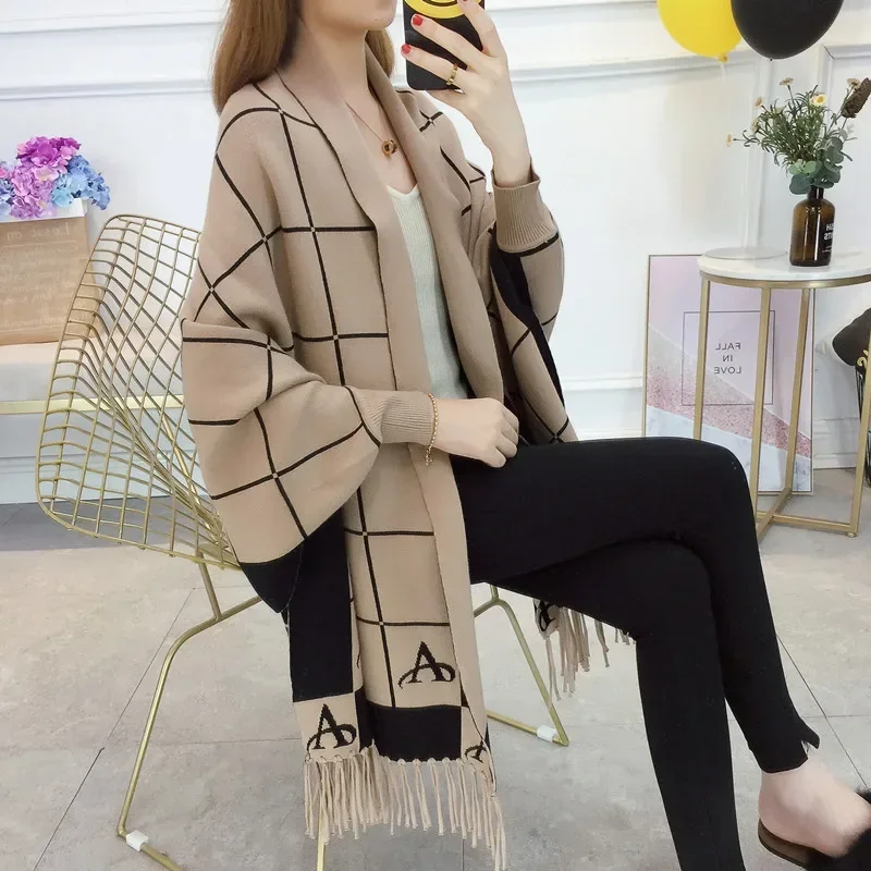 Europe Style Plaid Trendy Woolen Women's Plaid Cape Coat Open Front Blanket Shawls Wraps Sweater Poncho For Winter Cloak