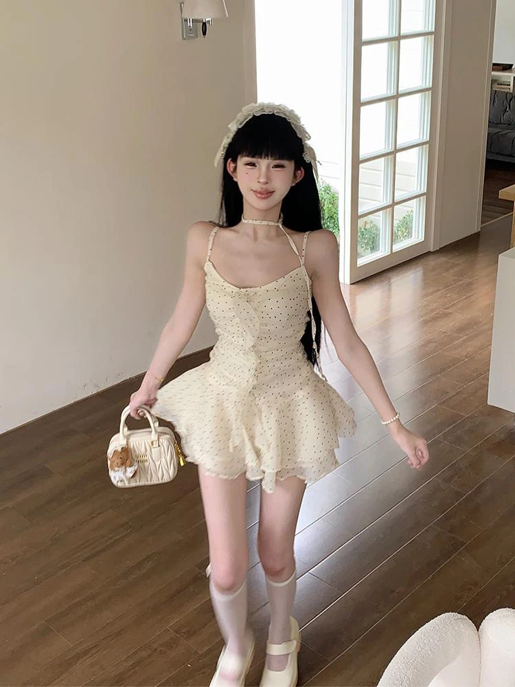 

plus Size Sexy Ruffle Hem Strap Dr Women's Sweet Spicy Waist Cinching Holiday A-Line Skirt Korean Sle Summer Dr