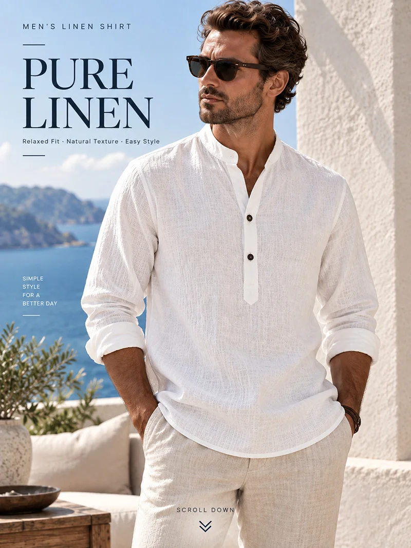 Herren Sommer Leinen Kurzarm Henley-Shirt mit Stehkragen, entspannte Passform, atmungsaktiv, leicht, lässiges Oberteil für den Alltag. – Detail 1