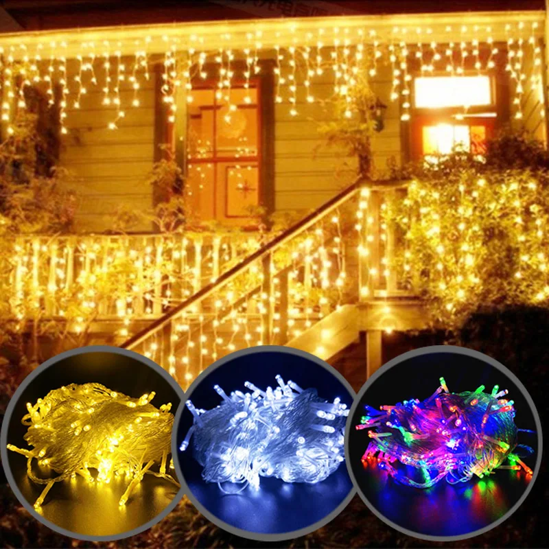 Flashing 8 Modes EU Plug New Year 2025 Snowflake Window Curtain LED Icicle Fairy Light Garden Christmas Decoration for Home