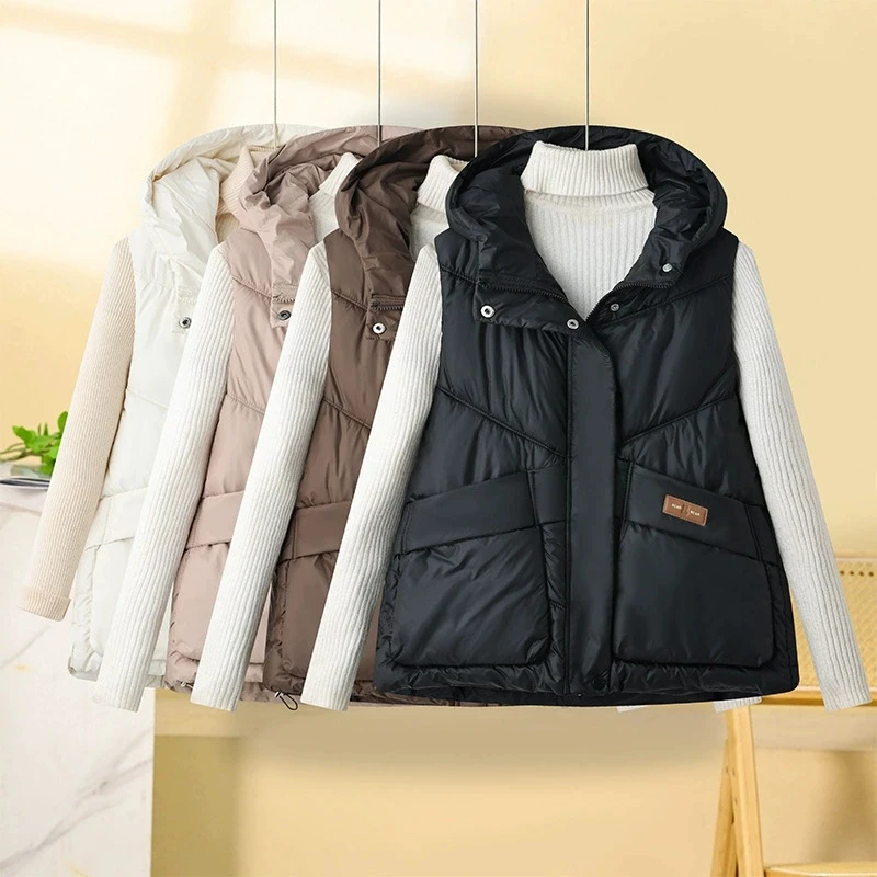 

Autumn Winter New Down Cotton Vest Female Parka Thicke Warm Sleeveless Hooded Vest Jacket Women Casual Outwear Ladies Waistcoats