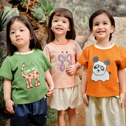 Amila Baby T-shirt 2024 Summer New Round Neck Color Animal Print Short Sleeve Fun and Cute Children's Clothing