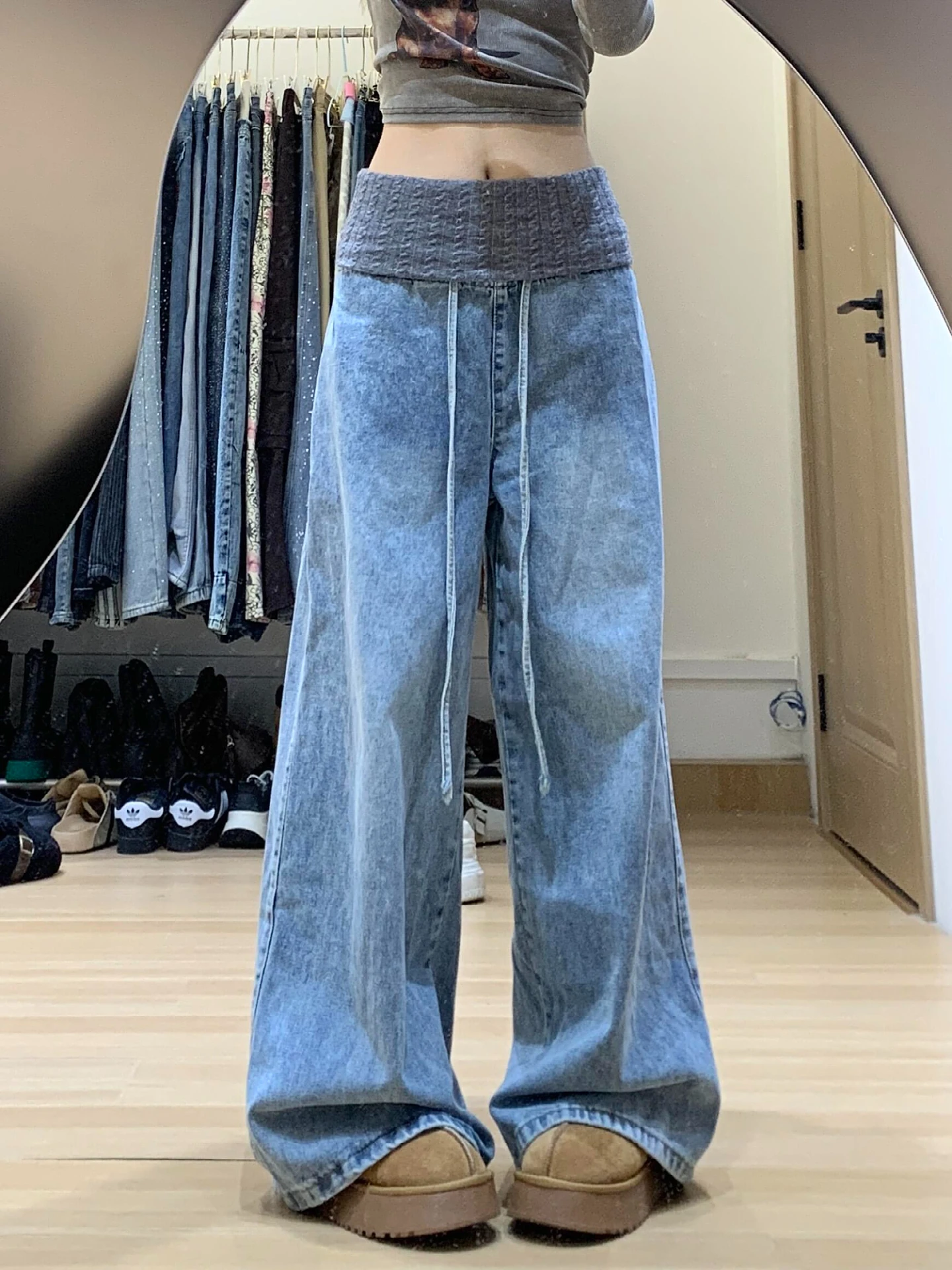 

Retro American Washed Knit Patchwork Jeans Loose Wide Leg Floor-Length Design for plus Size Women Casual High Waist Denim