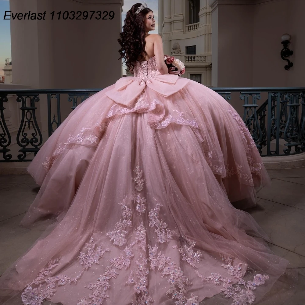 EVLAST Customized Blush Pink Quinceanera Dress Ball Gown Lace Applique Beaded Mexico Corset Sweet 16 Vestido De 15 Anos QD1139