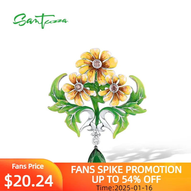 

SANTUZZA Real 925 Sterling Silver Pendant For Women Green Stone Enamel Yellow Flora Elegant Wedding Engagement Gift Fine Jewelry