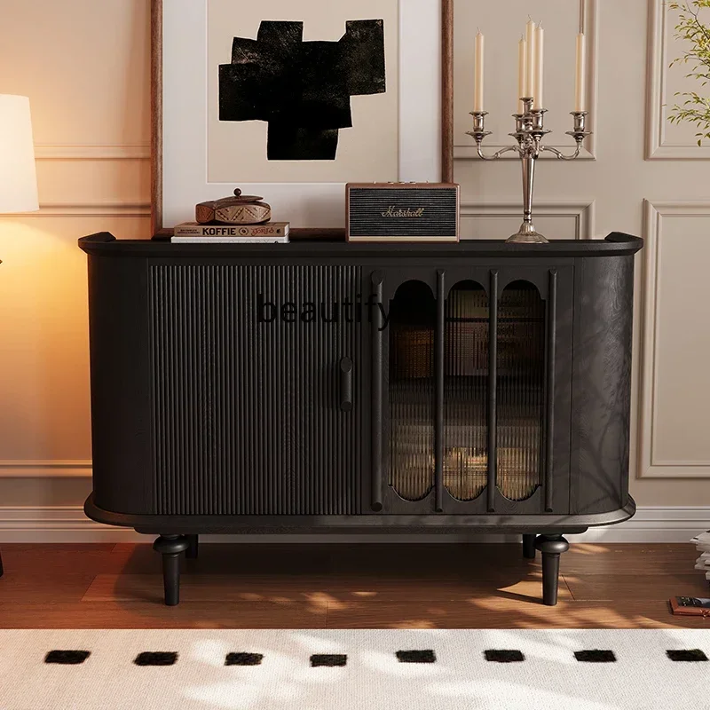 

Medieval style dining side cabinet glass door light luxury entrance cabinet wabi sandy wind storage locker