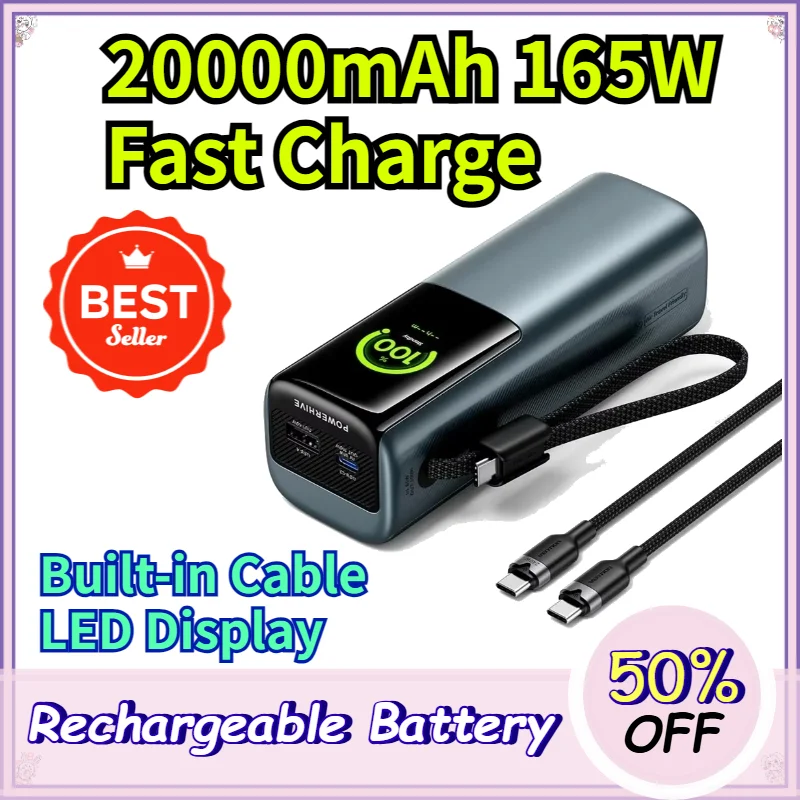 20000mAh Power Bank 165W QC Fast Charger with Built-in Cable LED Display Portable Battery for iPhone Samsung etc.