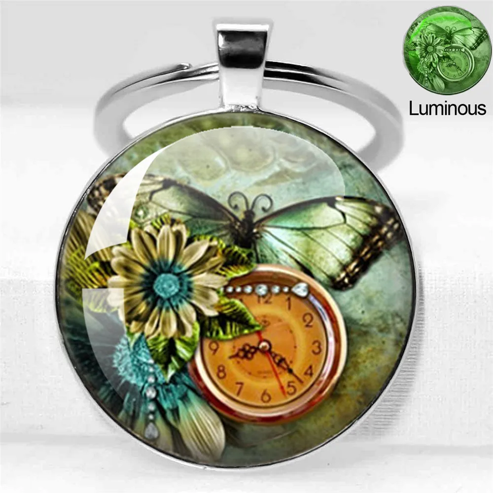 Glow In The Dark Butterfly Keychain Glass Cabochon Luminous Key Chain Luminous Animal Key Ring Chain Butterfly Jewelry