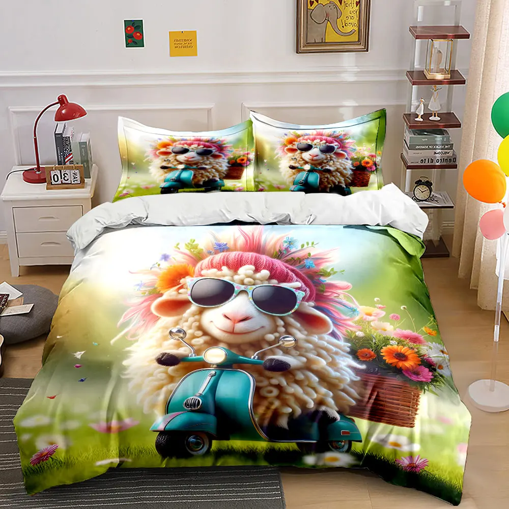 Floral-decorated sheep riding scooter Pattern Duvet Cover Set Digital Print Colorful Polyester Bedding with Zipper Closur