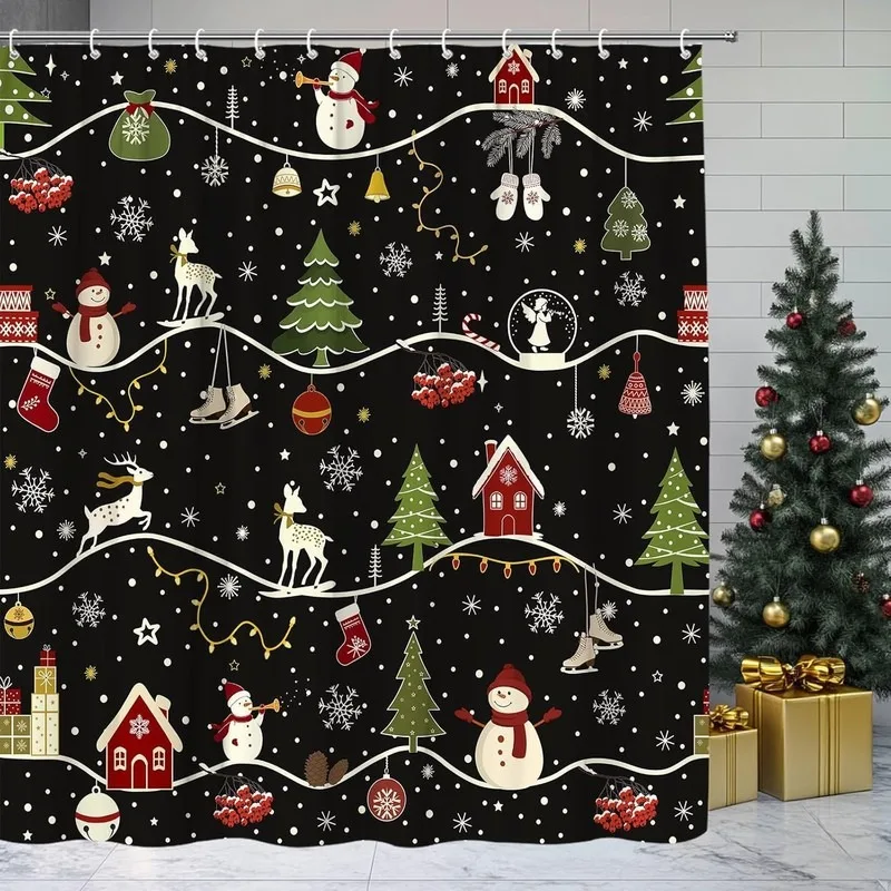 Black Snowman Deer Cabin Snowflake Winter Christmas Bathroom Shower Curtain Waterproof No Drilling Hanging with 12 Hooks