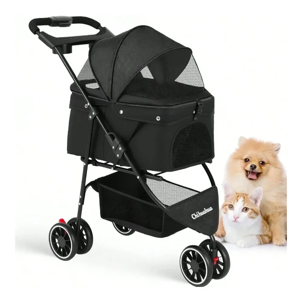 

Stroller, Dog Stroller Small Medium Dogs Cats, 3 Wheels, Foldable, With Breathable Mesh Canopy, Cup Holders, Easy Assembly, Gre