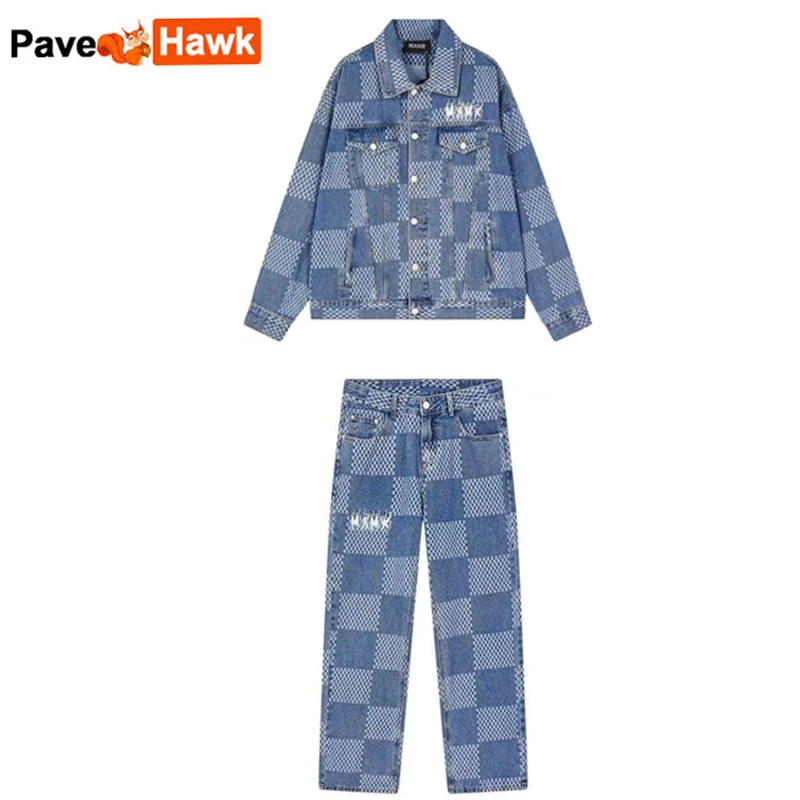 Autumn Denim Set Men Women Plaid Patchwork Lapel Denim Jacket Wide Leg Straight Jeans Mens Casual Loose Two Piece Suit Unisex