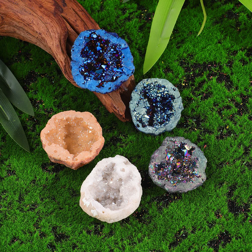 Natur Achat Geode Stein unregelmäßig bunt galvani sieren Druzy Cluster Felsen Mineral Probe Wohnkultur