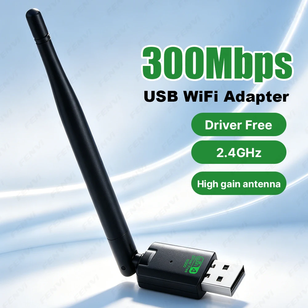 300Mbps USB WiFi Adapter 2.4GHz Wireless Network Card with High Gain Antenna Driver Free for Windows 7/10/11 PC Laptop
