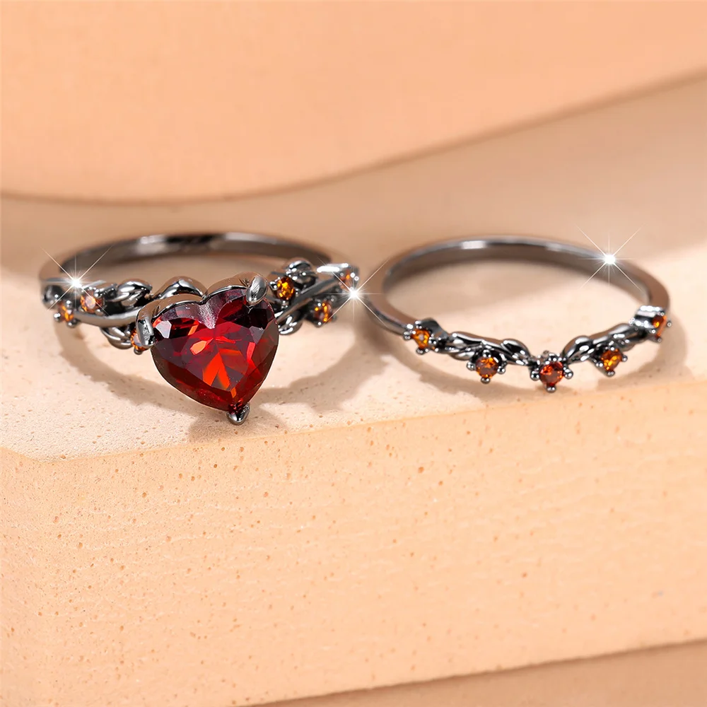 Crystal Female Red Zircon Love Heart Ring Set Fashion Vintage Black Gold Color Bridal Wedding Engagement Jewelry For Women