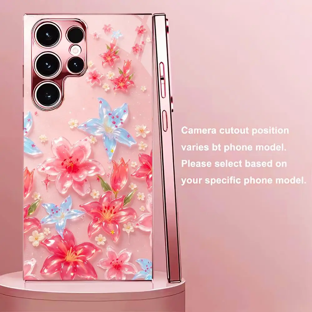 Transparent Lily Floral Fashion Exquisite HD glass phone case for Samsung Galaxy S26 S25 S24 S23 S22 FE,Ultra,Plus Dropresistant