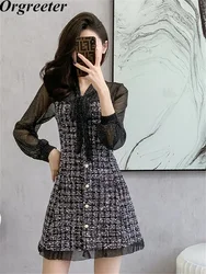 Spring Autumn New Sexy See-through Chiffon Lantern Sleeve Patchwork Tweed Mini Dress Women Ribbon Bow Pearl Button Bodycon Dress