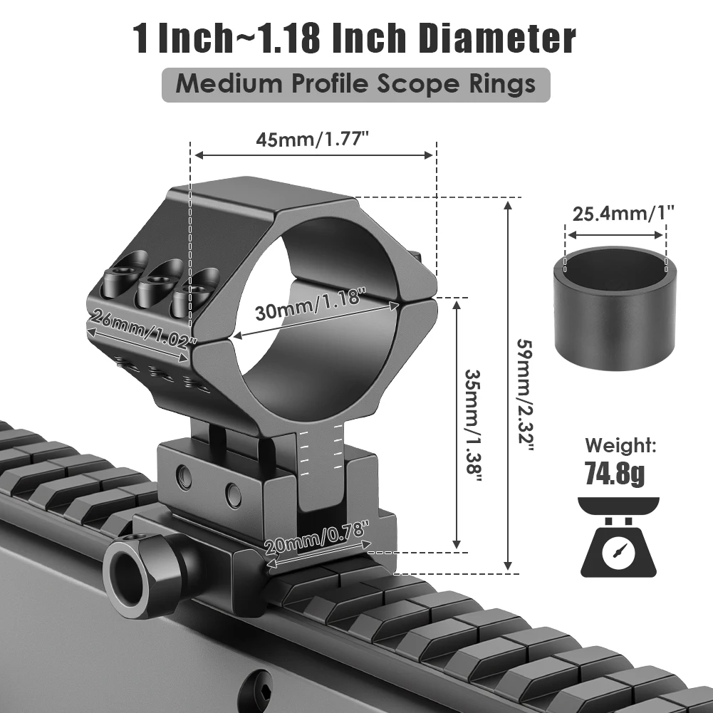 UniqueFire Rifle Scope Rings,1 inch 25.4mm - 30mm Adjustable Angle & Height  Flashlight Mount fit for 20mm Picatinny Rails view 6