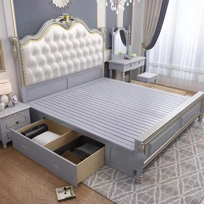 @#European Design Luxury King Bedroom Furniture Sets Royal King Size Bed for Villa Hotel Solid Wooden Bed With Soft Bag - view 2