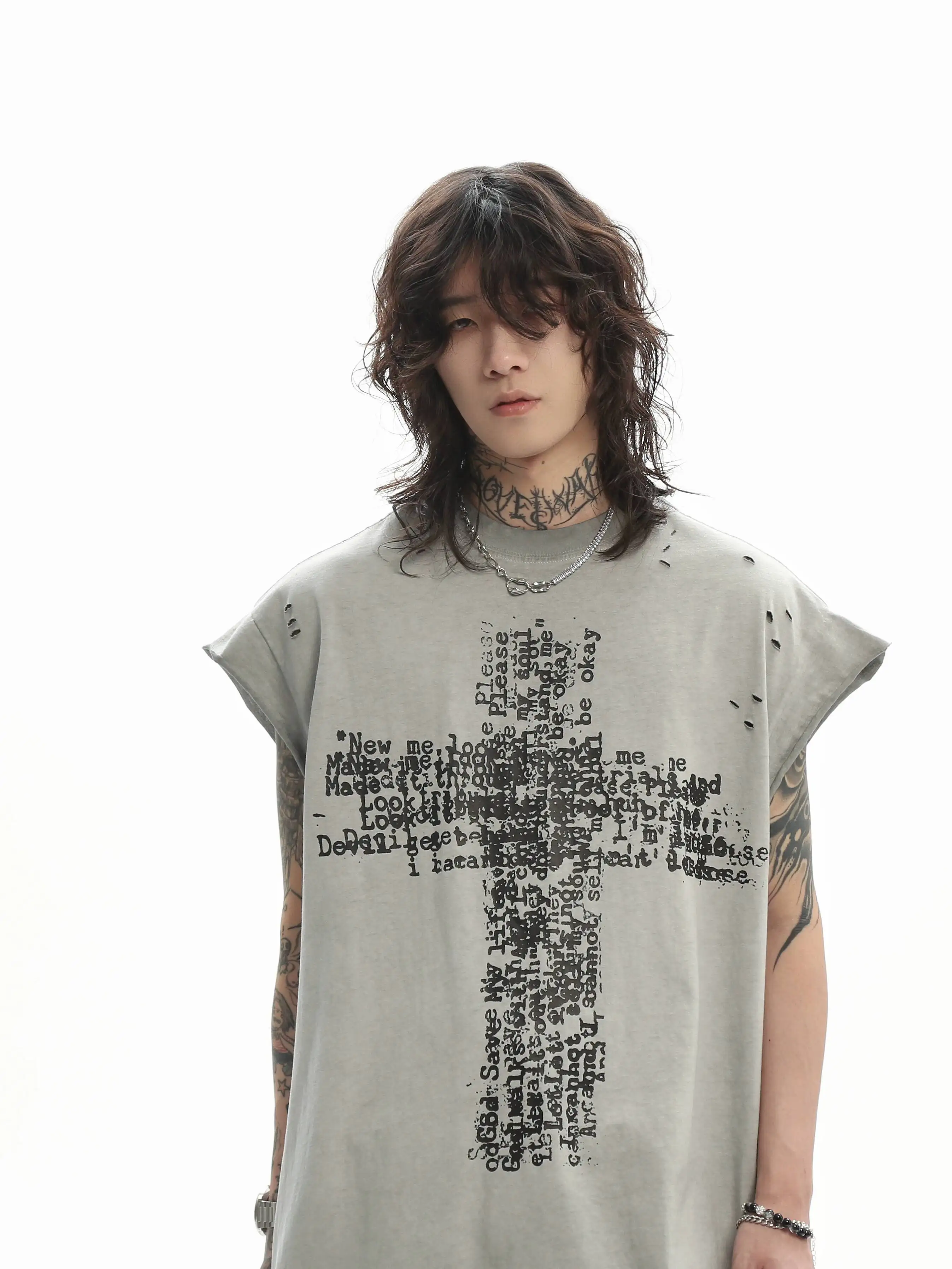 New Men American High Street Distressed Cross Print Washed Sleeveless Tank Tops Summer Vintage Loose
