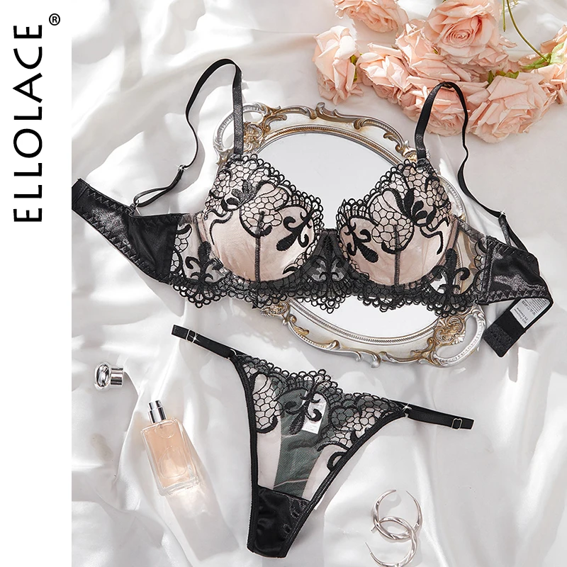 

Ellolace Elegant Lingerie Sexy Women Beautiful Floral Embroidery Bra Hilitos 2PC Set Patchwork Romantic Sheer Women's Underwear