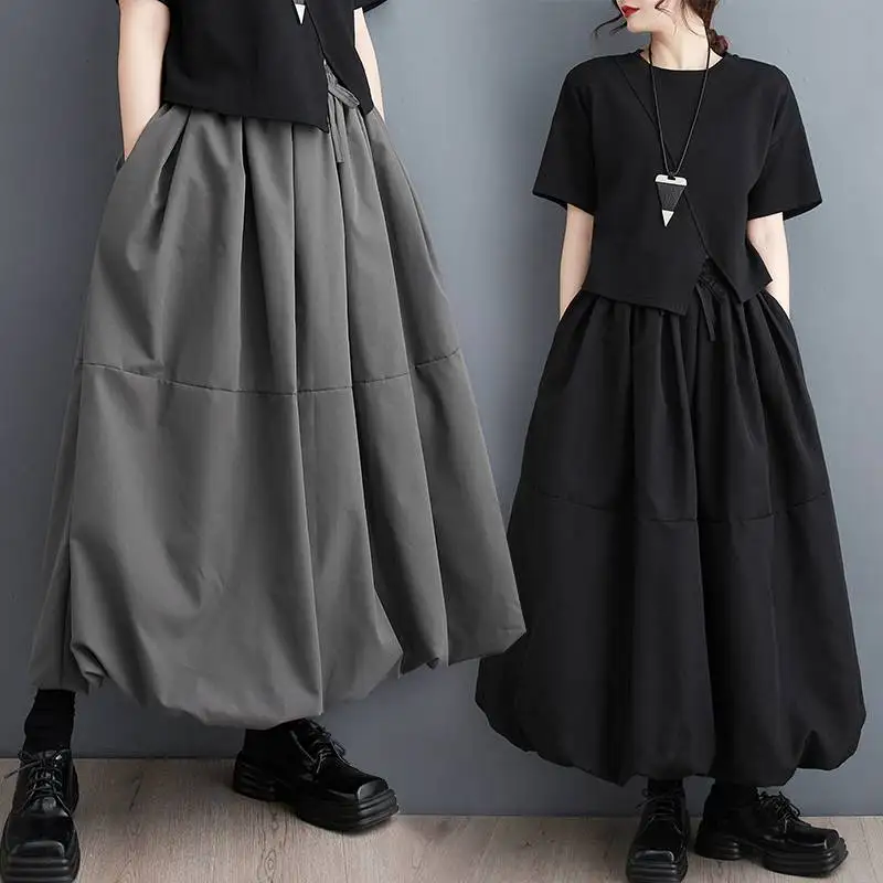 Gothic Vintage Punk Style Loose Tulle Skirt Women Spring Summer Plus Size Streetwear High Waist Pockets Long Black Skirts