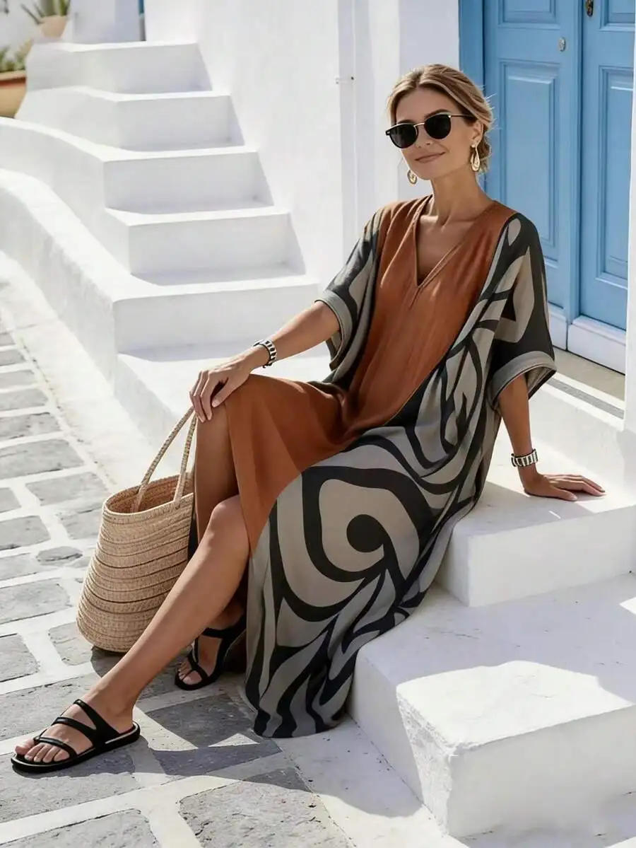 Breezaya Women's Elegant Rust Orange V-Neck Boho Print Mid-Length Loose Dress,Raglan Sleeve Geometric Patchwork Summer Holiday