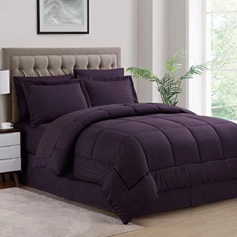 

Queen Comforter Set 8 Piece Bed in a Bag with Bed Skirt Fitted Sheet Flat Sheet 2 Pillowcases 2 Pillow Shams Queen Dobby Purple