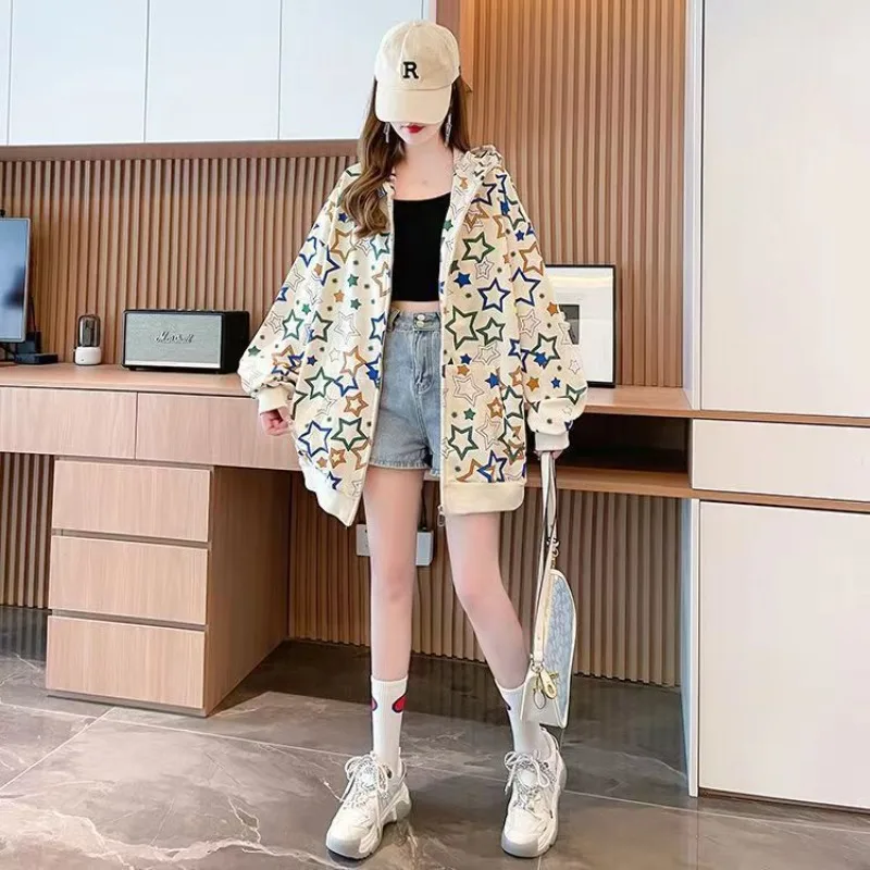 Stars Graphic Female Hooded Top Full Zip Up Coat Emo Korean Fashion Designer Matching Kpop Oversize Women's Hoodies Sweatshirts