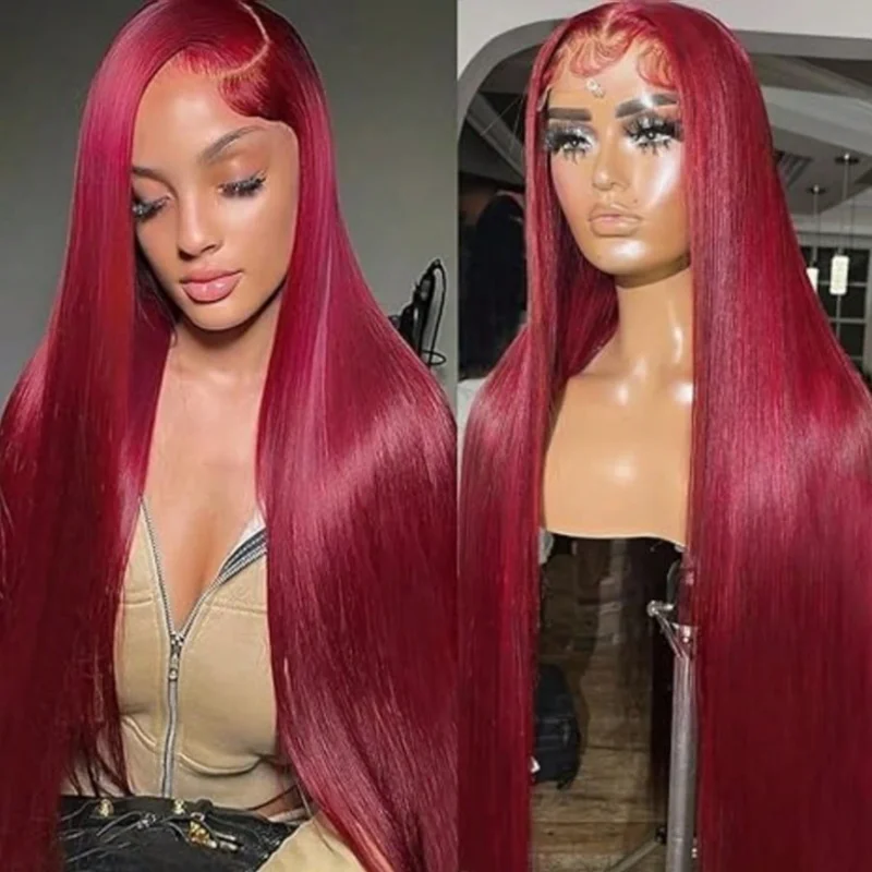 Premium Brazilian 99J Burgundy Wigs 34 Inch Shiny Bone Straight Texture 250 High Density 13x4 HD Lace Front Pre Plucked Hairline