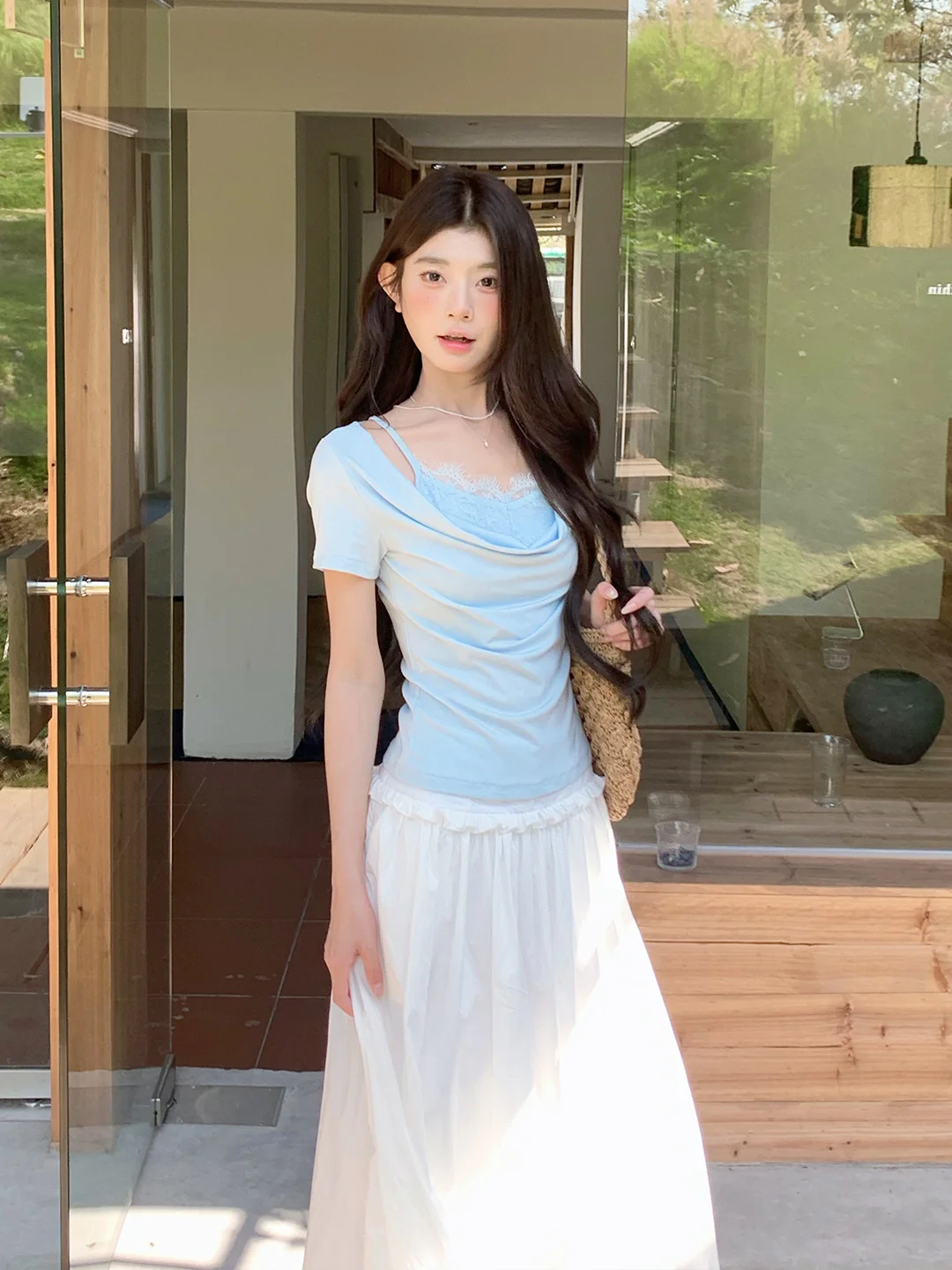 

Футболка Knowfeel Studio Gentle Style с кружевными вставками, женская дизайнерская универсальная футболка, повседневная модная футболка с короткими рукавами, облегающая футболка с короткими рукавами