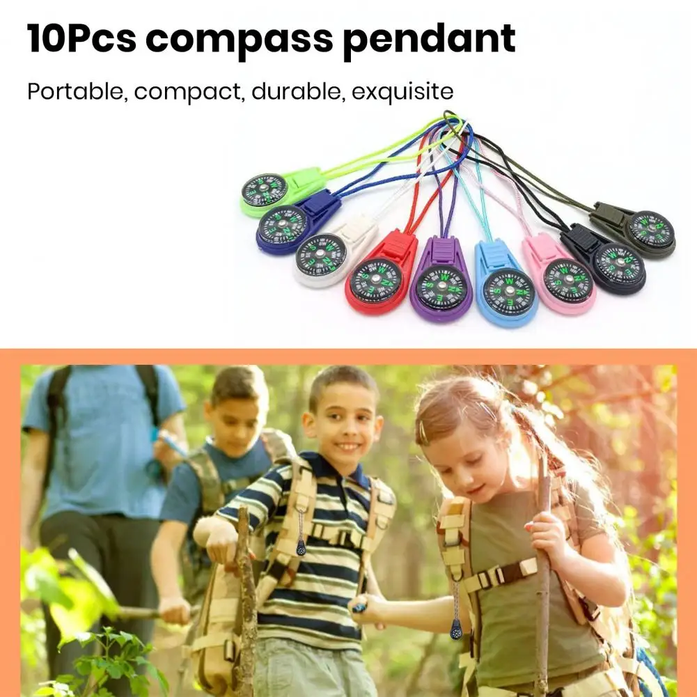 10PCS Mini Compass Zipper Tail Rope Colorful Plastic Outdoor Camping Hiking EDC Survival Portable Backpack Pendant Tools