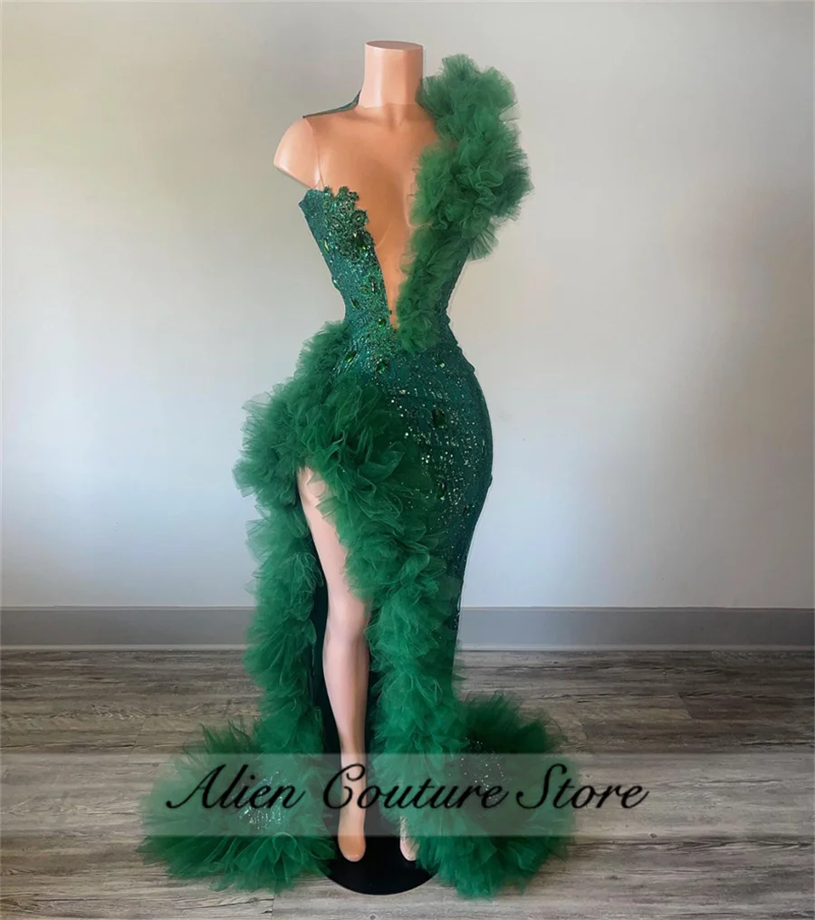 Sparkly Green Mermaid Prom Dress For Black Girls Beading Diamonds Crystal Ruffle Split Birthday Party Dress 2024 Customized