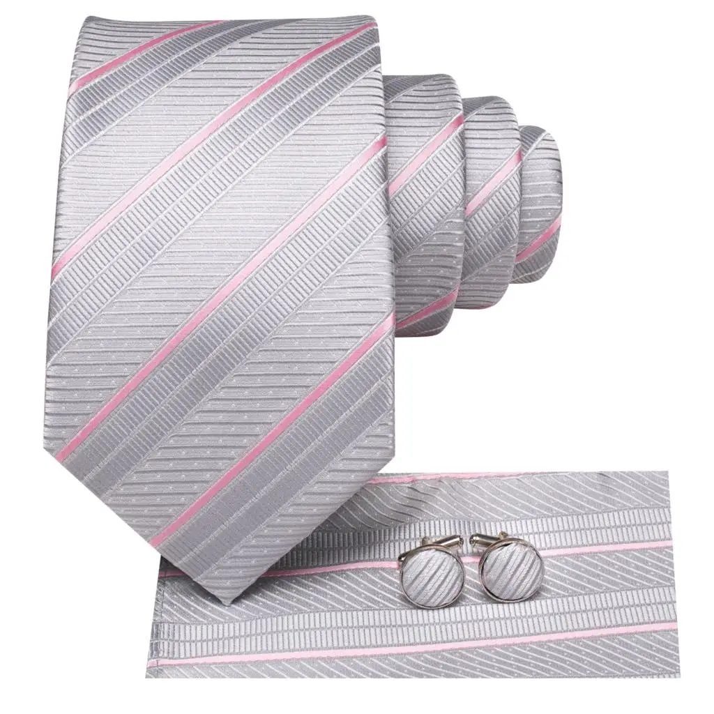 Gestreepte Zilver Roze Zijde Bruiloft Stropdas Voor Mannen Handky Manchetknoop Gift Mannen Stropdas Fashion Business Party Dropship Hi-Tie designer